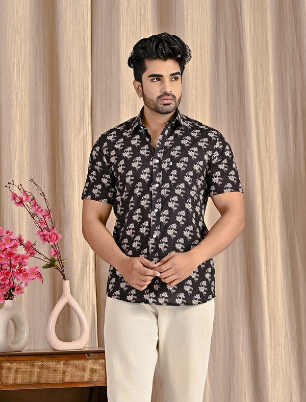 Black Cotton Printed Half Sleeves Shirt