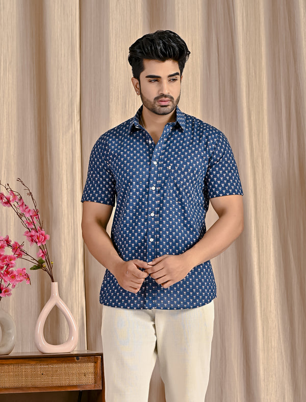 Blue Cotton Printed Half Sleeves Shirt