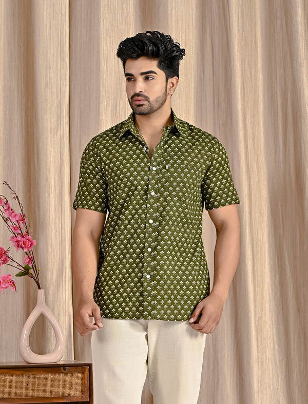 Green Cotton Printed Half Sleeves Shirt