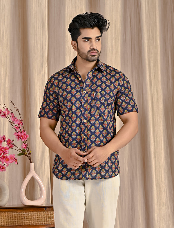 Navy Cotton Printed Half Sleeves Shirt