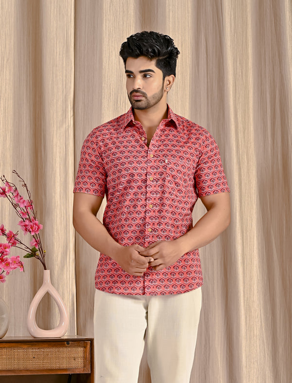 Peach Cotton Printed Half Sleeves Shirt