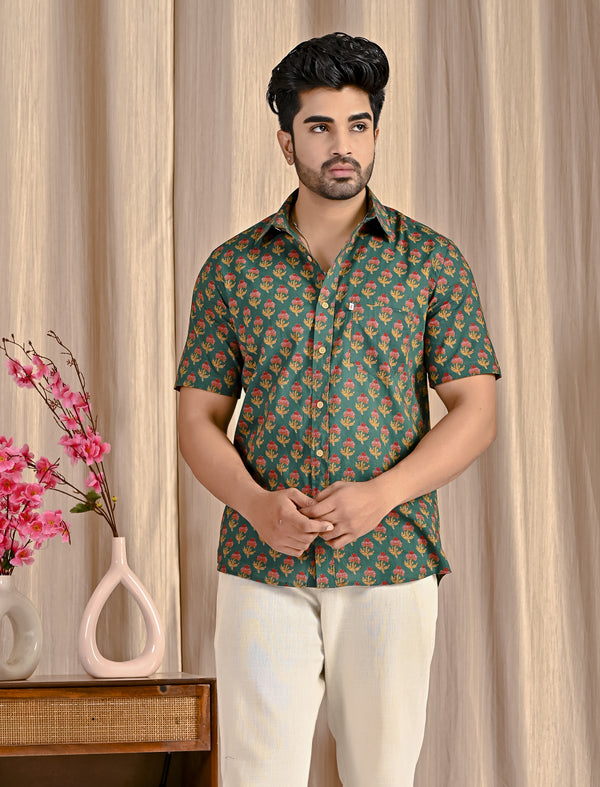Green Cotton Printed Half Sleeves Shirt