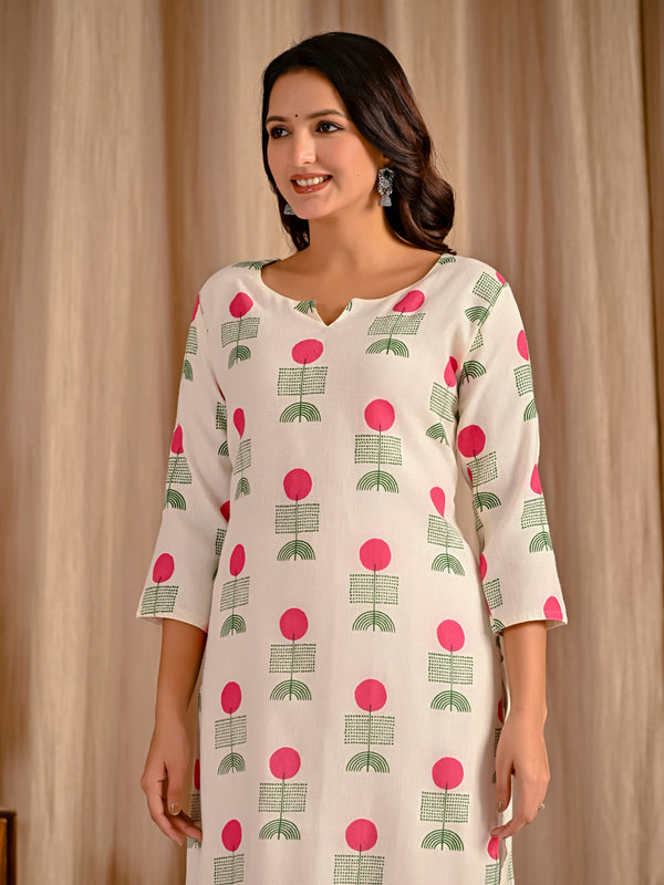 White Pink Butta Block Printed Jute Cotton Straight Kurti