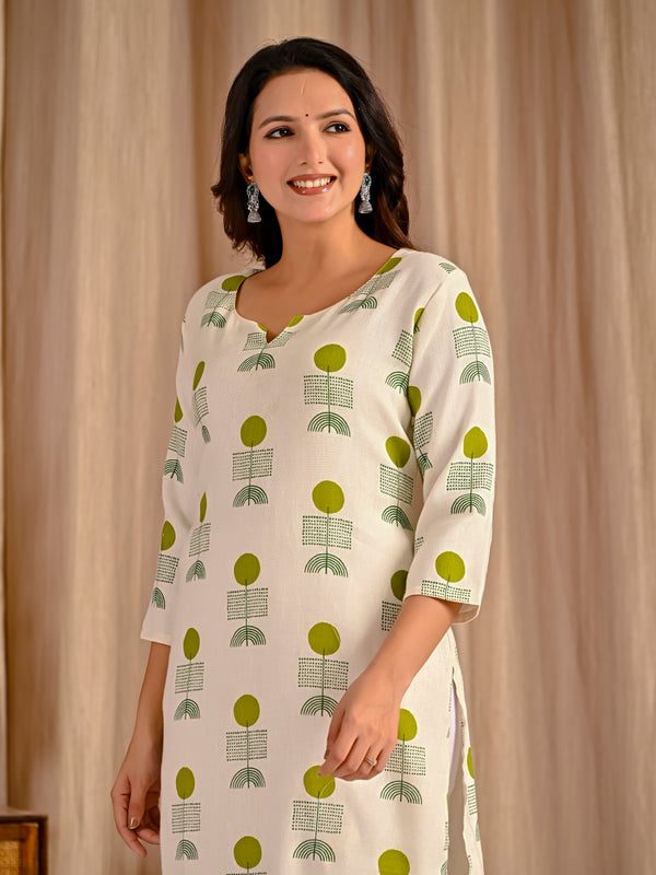 White Green Butta Block Printed Jute Cotton Straight Kurti
