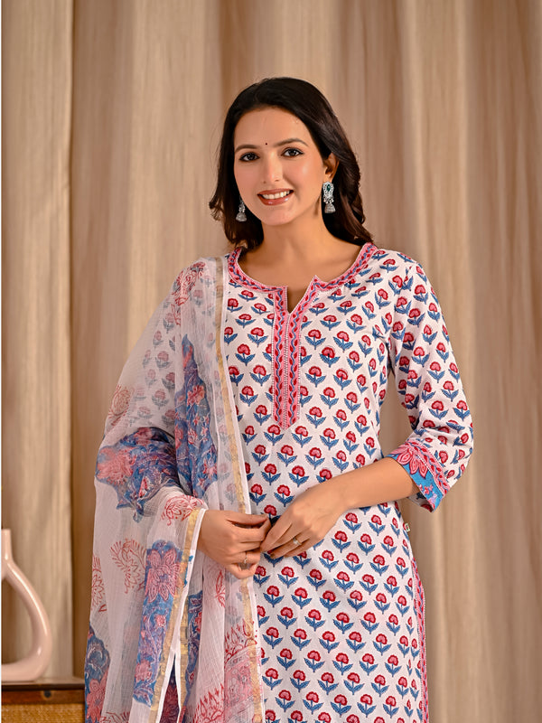 White Red Butta Block Printed Cotton Kurta Pant Set