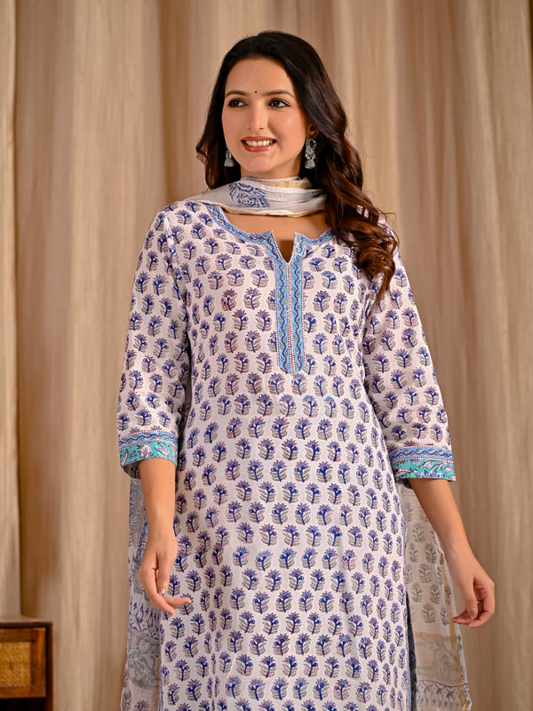 White Grey Butta Block Printed Cotton Kurta Pant Set