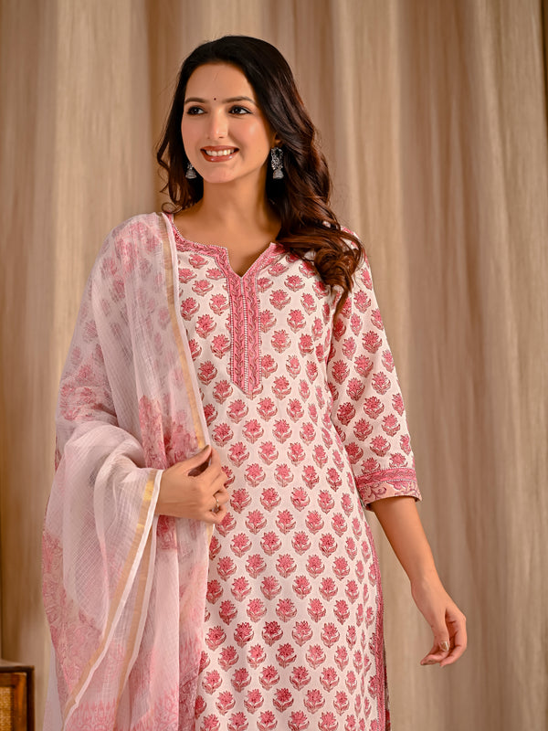 White Pink Butta Block Printed Cotton Kurta Pant Set