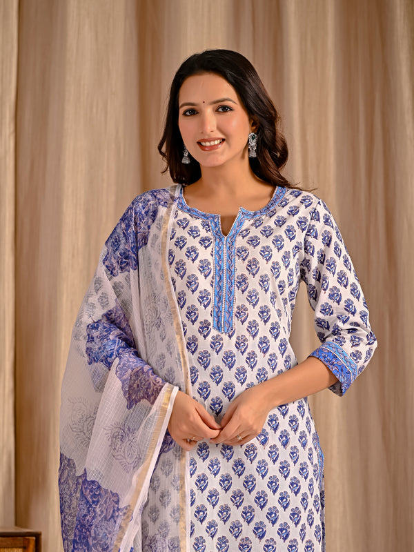 White Blue Butta Block Printed Cotton Kurta Pant Set