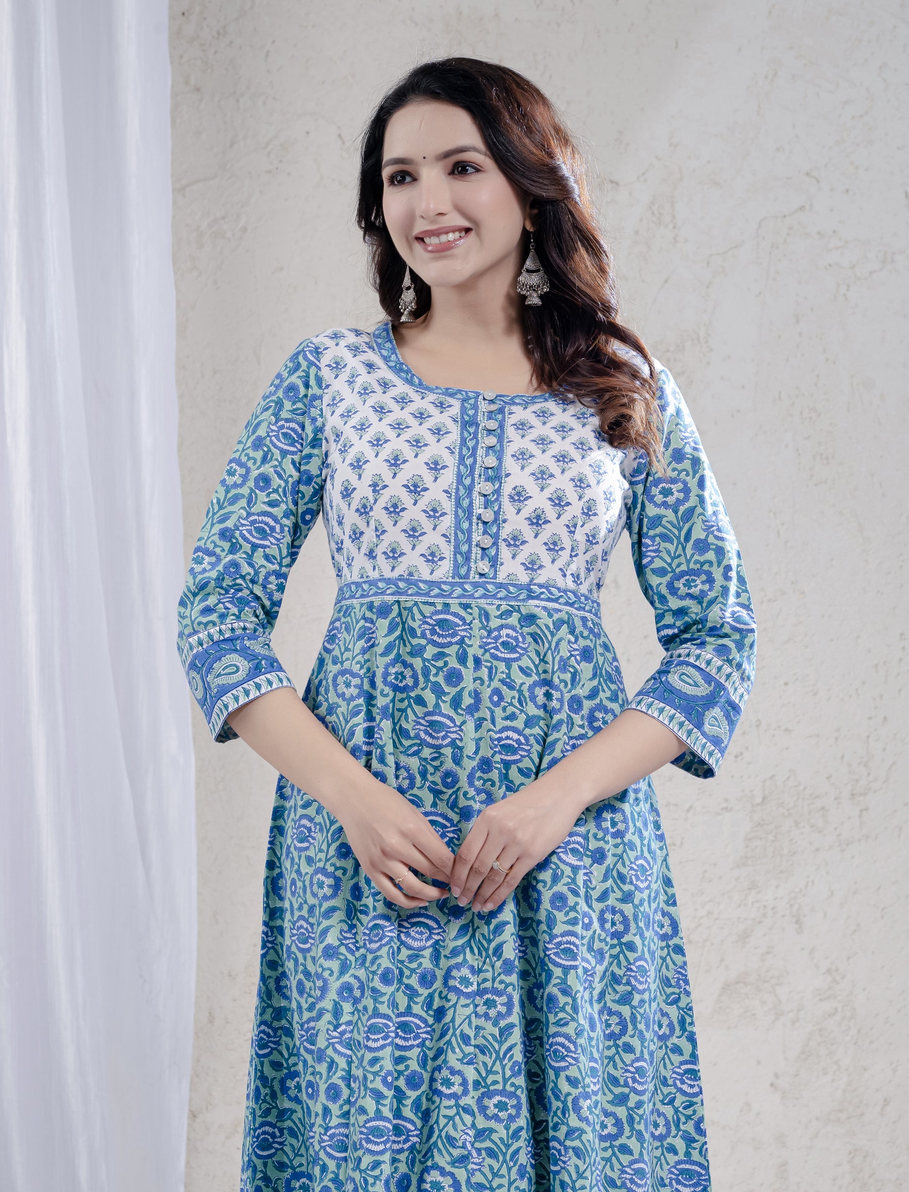 Blue Jaal Block Printed Cotton Long Dress