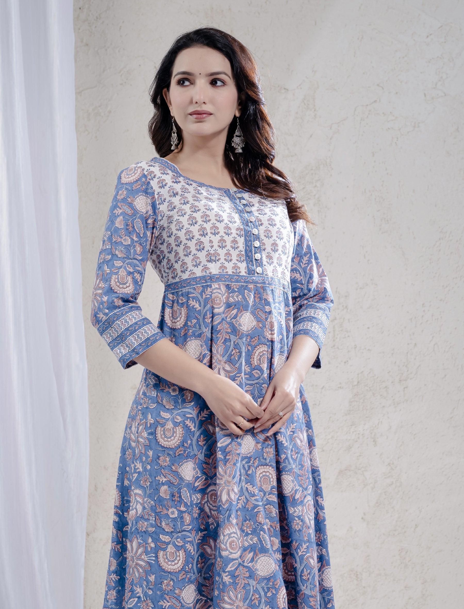 Royal Blue Jaal Block Printed Cotton Long Dress