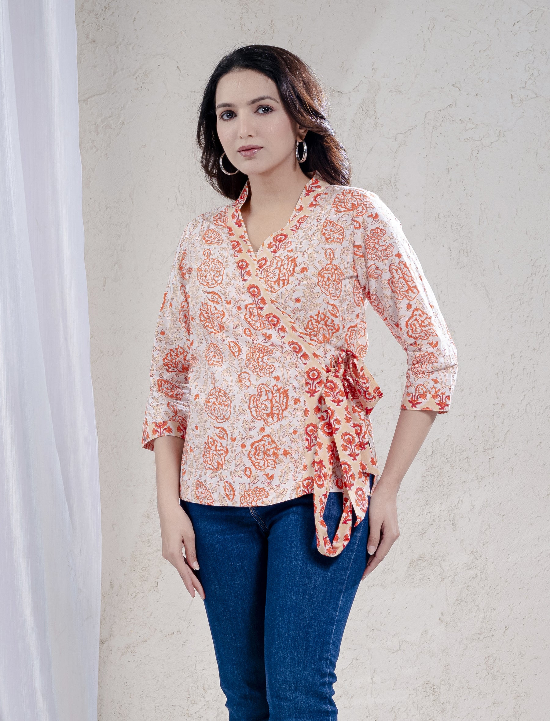 Orange Jaal Block Printed Top With Belt