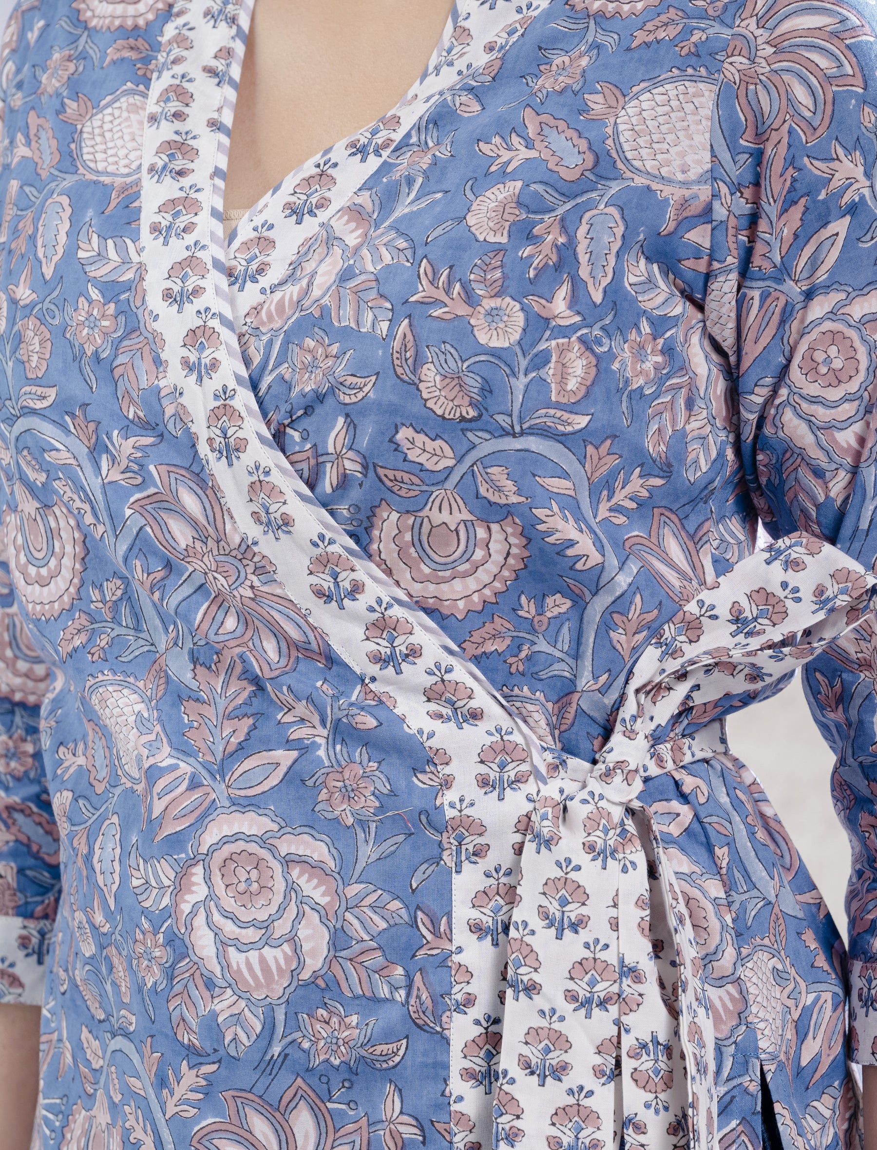 Blue Jaal Block Printed Top With Belt