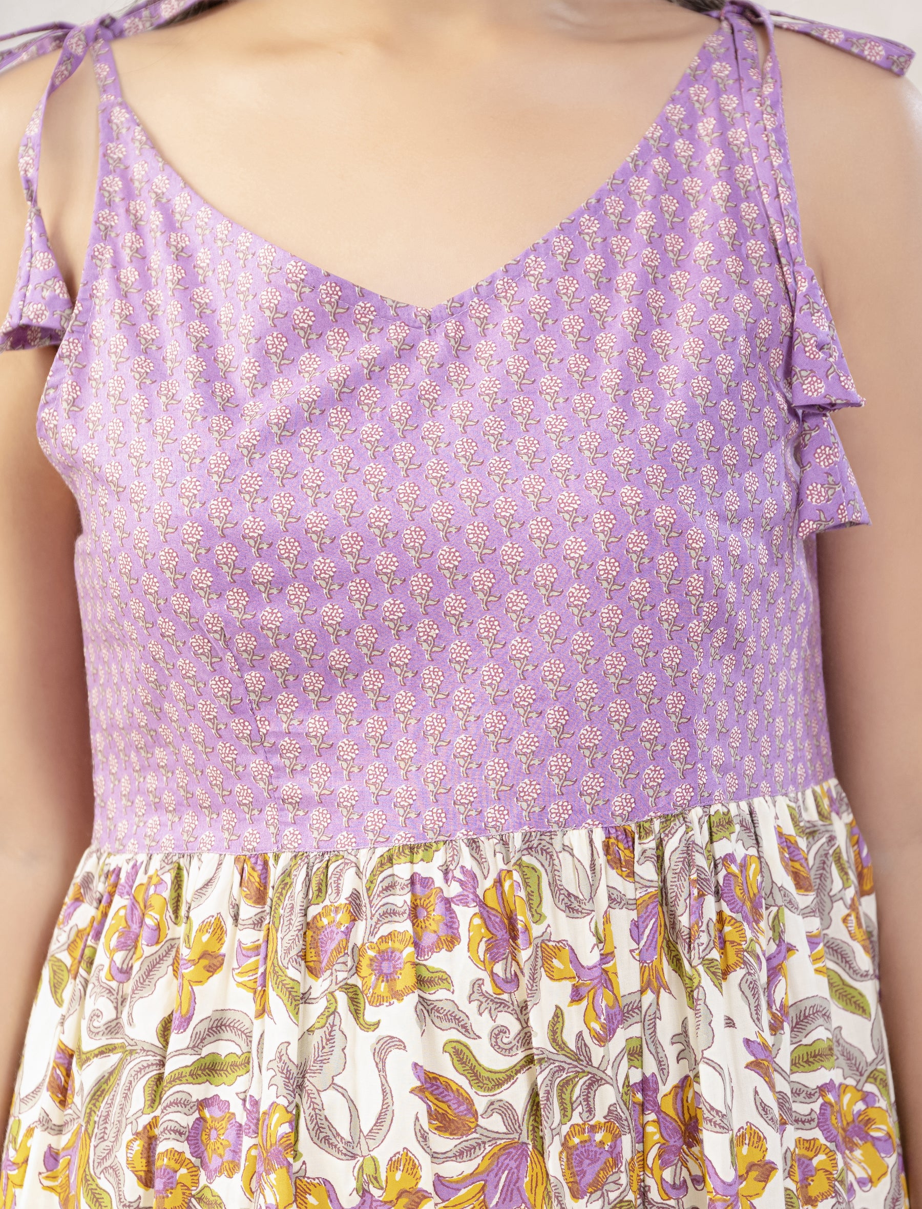 White Purple Jaal Block Printed Cotton Shoulder Strap Dress