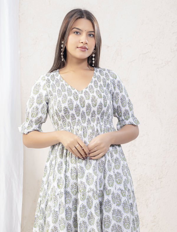 White Purple Butta Printed Cotton Dress