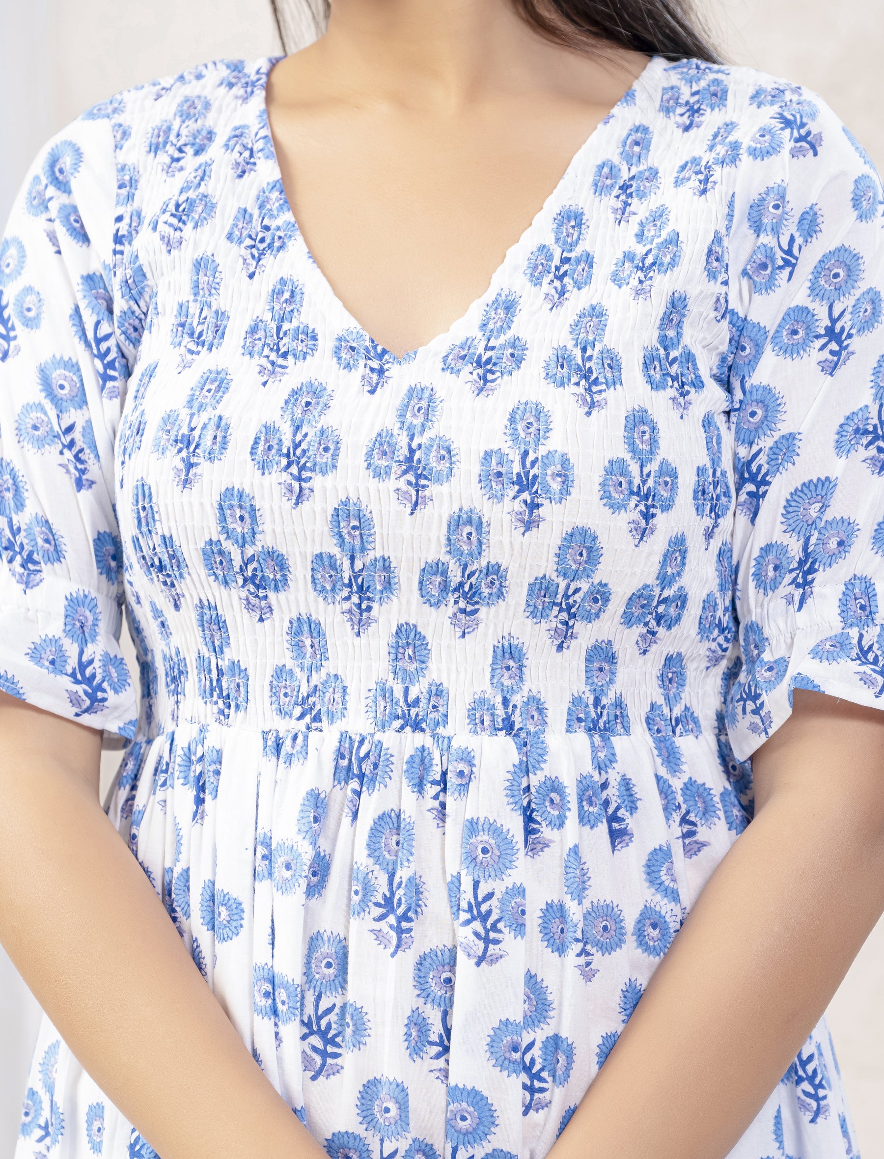 White Blue Butta Printed Cotton Dress