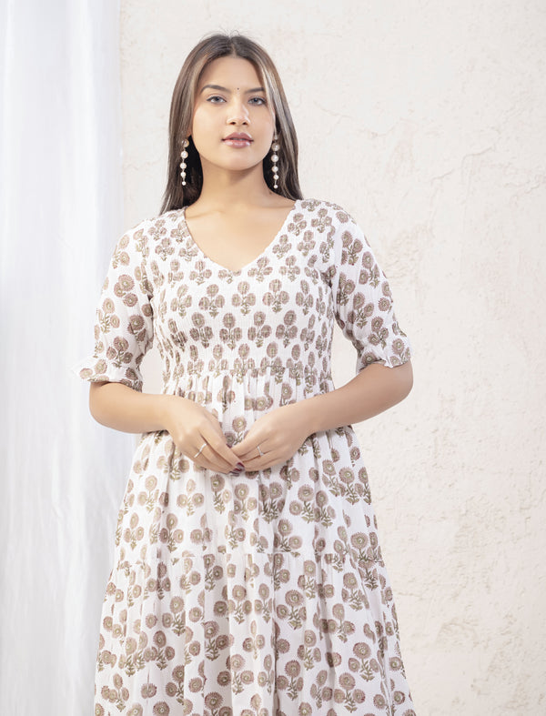 White Beige Butta Printed Cotton Dress