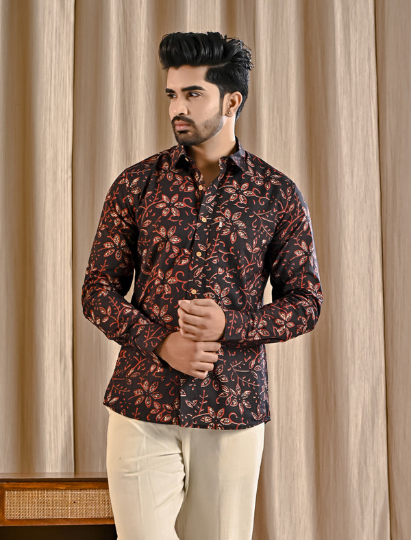 Black Cotton Printed Full Sleeves Shirt