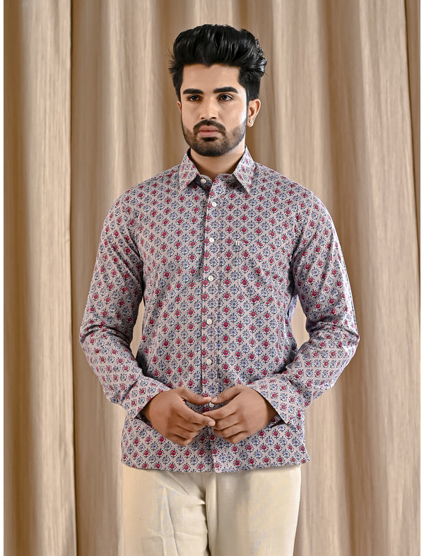 Grey Cotton Printed Full Sleeves Shirt