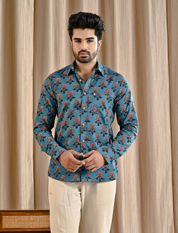 Sea Blue Cotton Printed Full Sleeves Shirt