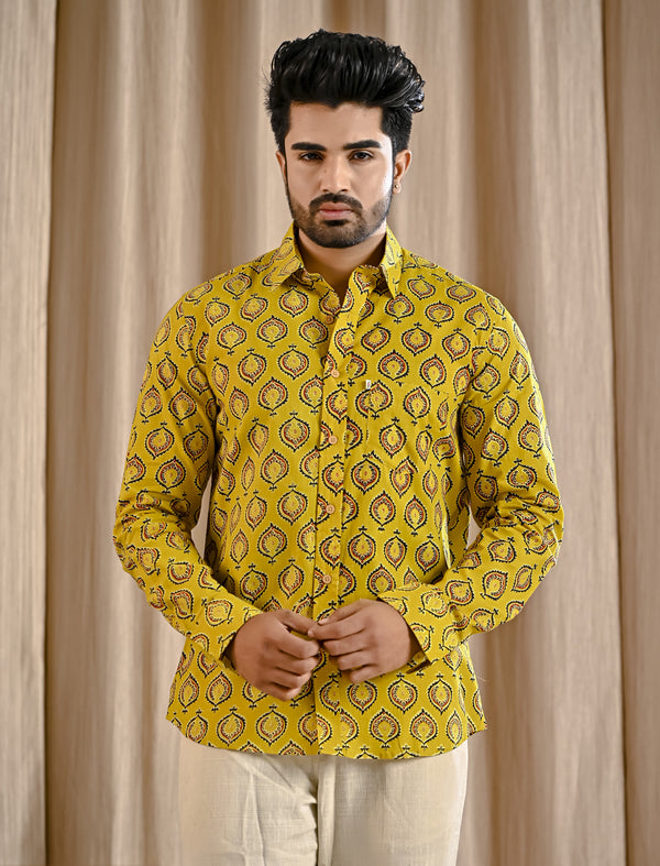Yellow Cotton Printed Full Sleeves Shirt