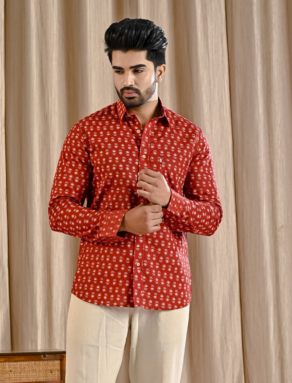 Red Cotton Printed Full Sleeves Shirt