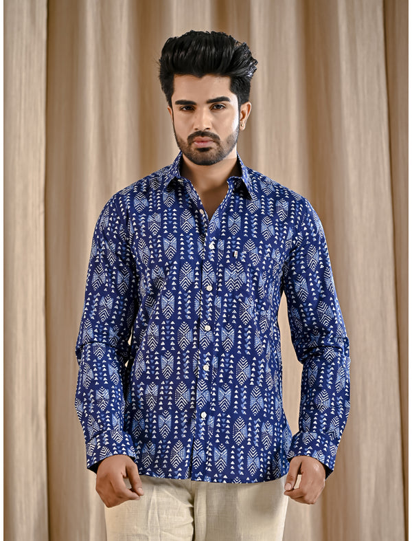 Blue Cotton Printed Full Sleeves Shirt