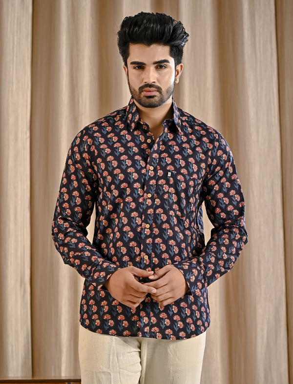 Black Cotton Printed Full Sleeves Shirt