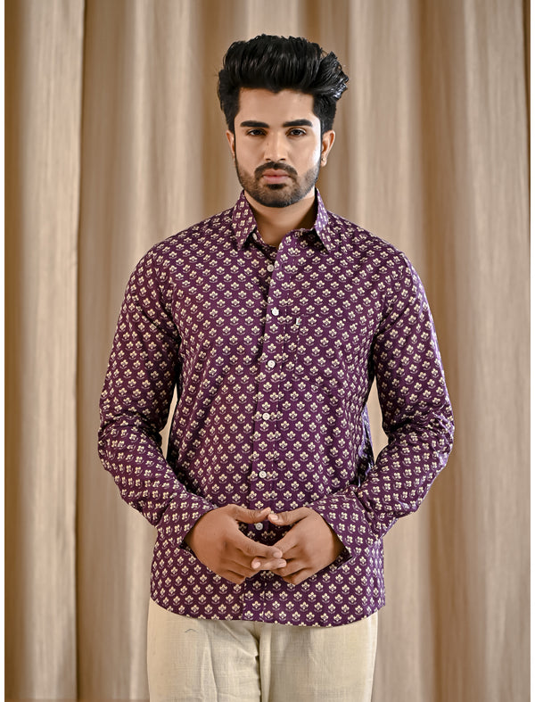 Purple Cotton Printed Full Sleeves Shirt