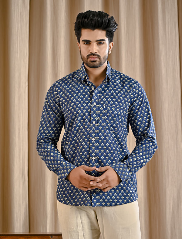 Blue Cotton Printed Full Sleeves Shirt