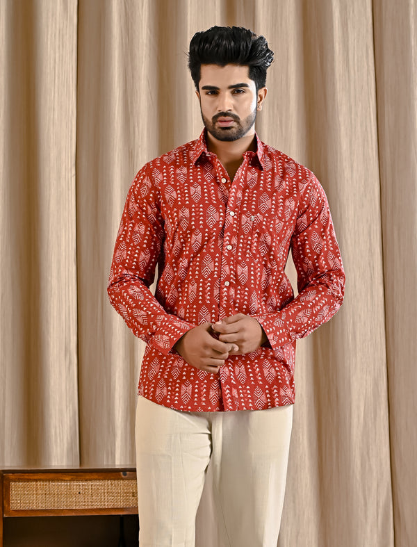 Red Cotton Printed Full Sleeves Shirt
