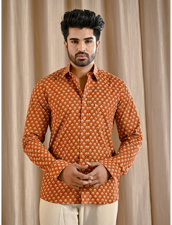 Orange Cotton Printed Full Sleeves Shirt