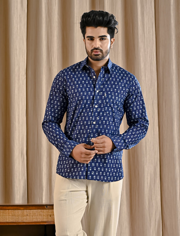Blue Cotton Printed Full Sleeves Shirt