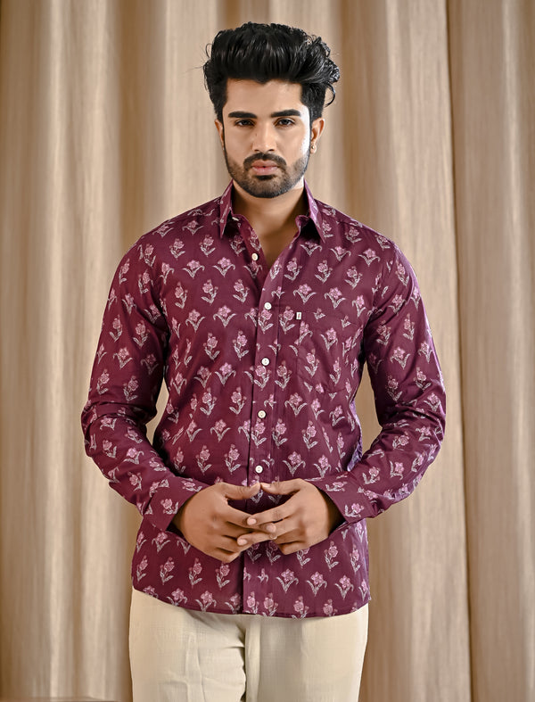 Purple Cotton Printed Full Sleeves Shirt