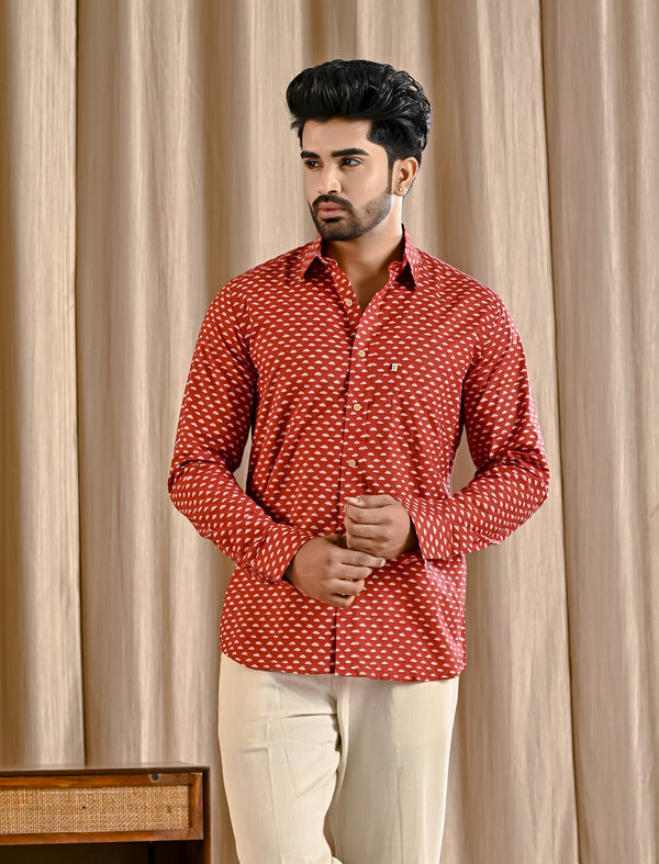 Red Cotton Printed Full Sleeves Shirt