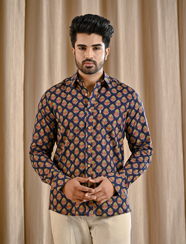 Navy Cotton Printed Full Sleeves Shirt