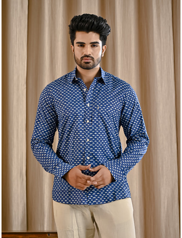 Blue Cotton Printed Full Sleeves Shirt