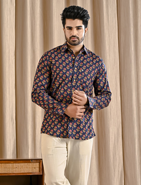 Navy Cotton Printed Full Sleeves Shirt