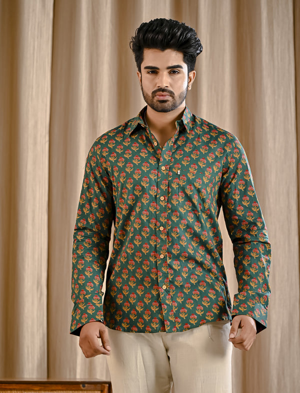 Green Cotton Printed Full Sleeves Shirt