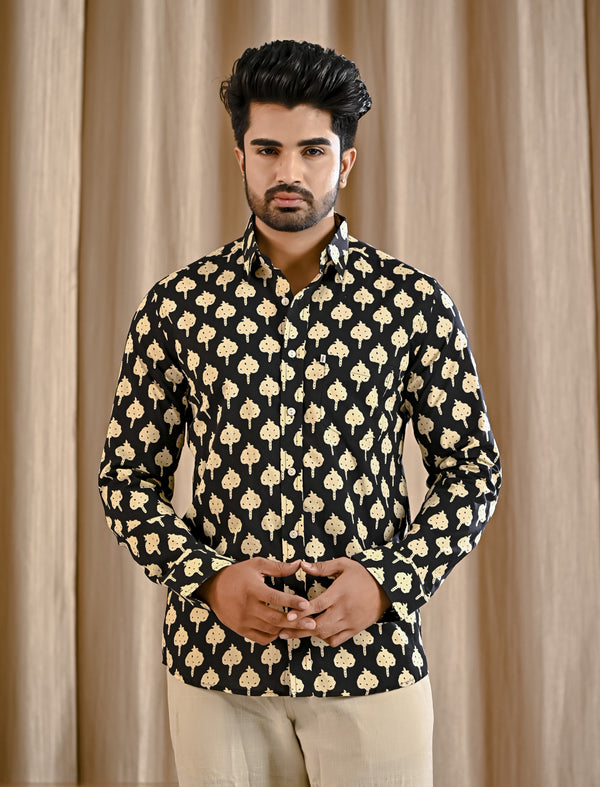 Black Cotton Printed Full Sleeves Shirt