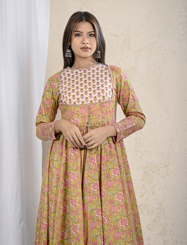 Mustard Jaal Printed Cotton Long Dress