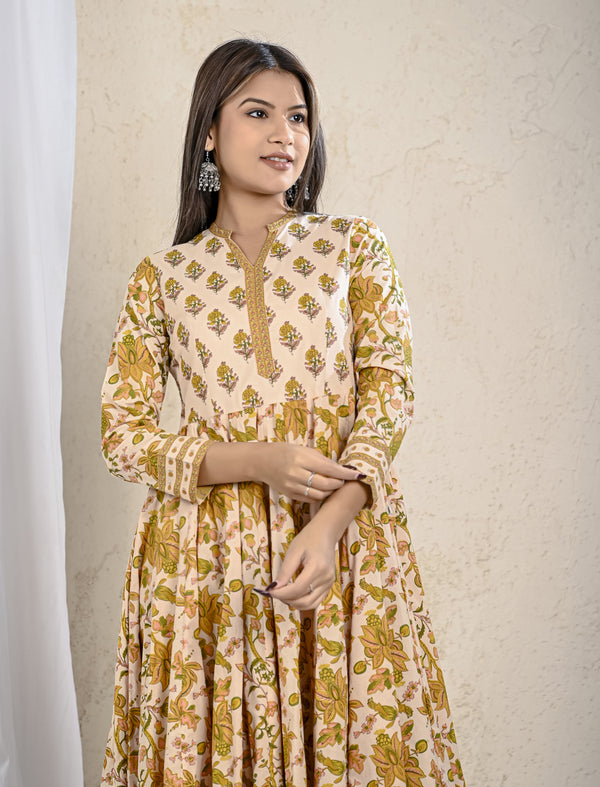 Cream Mustard Jaal Printed Cotton Long Dress