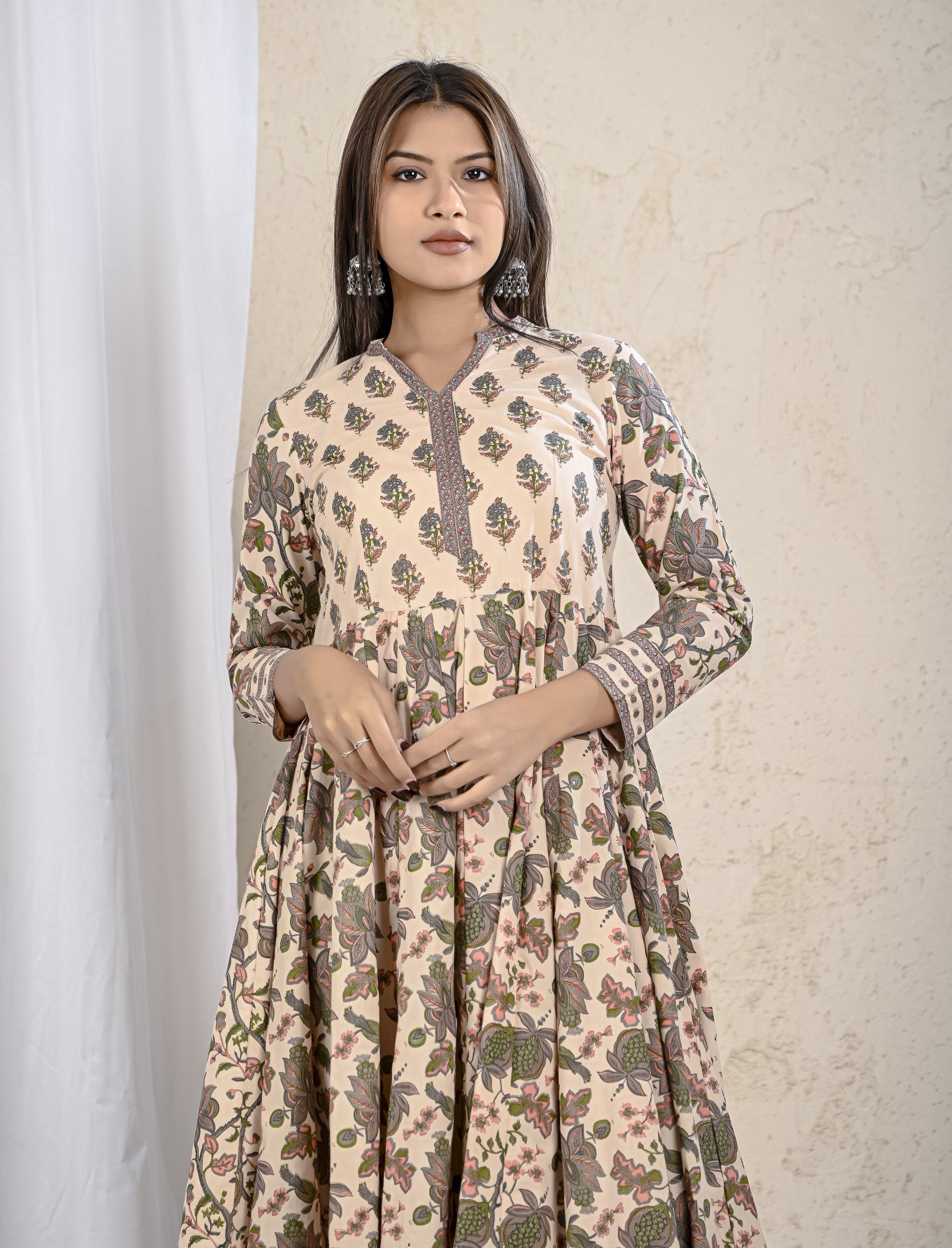 Cream Grey Jaal Printed Cotton Long Dress