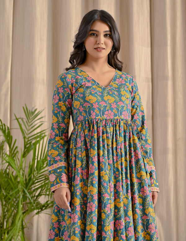 Sea Blue Jaal Printed Angrakha Long Dress With Flare