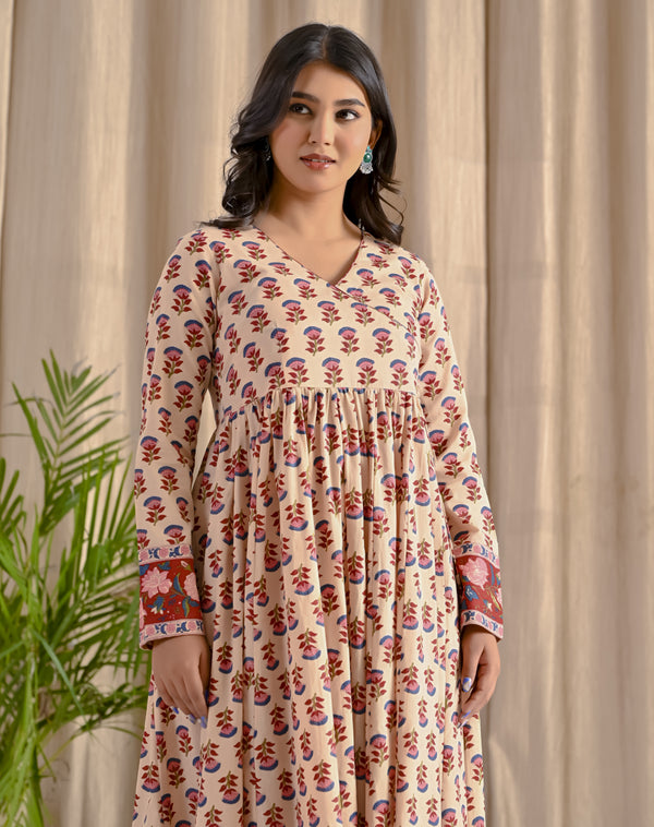 Cream Butta Printed Angrakha Long Dress With Flare