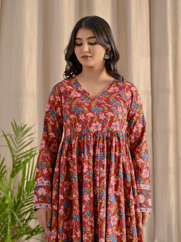 Red Jaal Printed Angrakha Long Dress With Flare