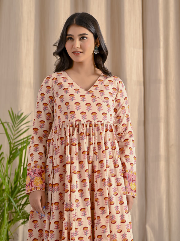 Cream Yellow Butta Printed Angrakha Long Dress With Flare