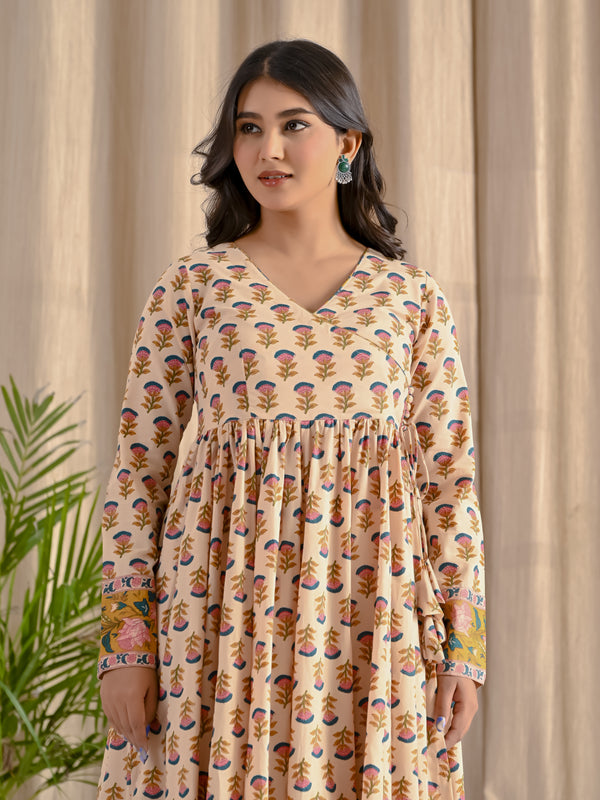 Cream Pink Butta Printed Angrakha Long Dress With Flare