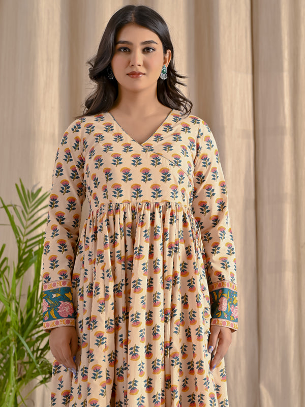 Cream Butta Printed Angrakha Long Dress With Flare