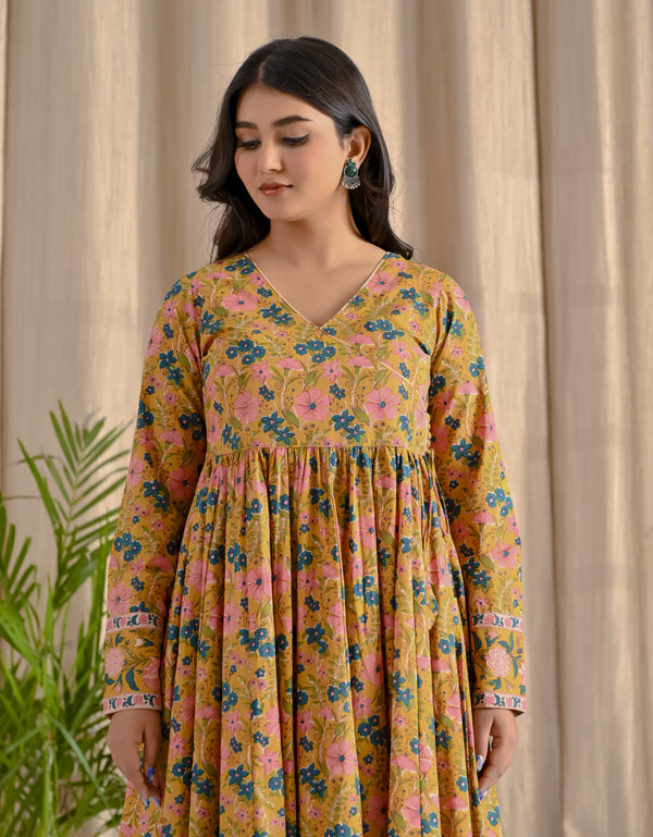 Yellow Jaal Printed Angrakha Long Dress With Flare