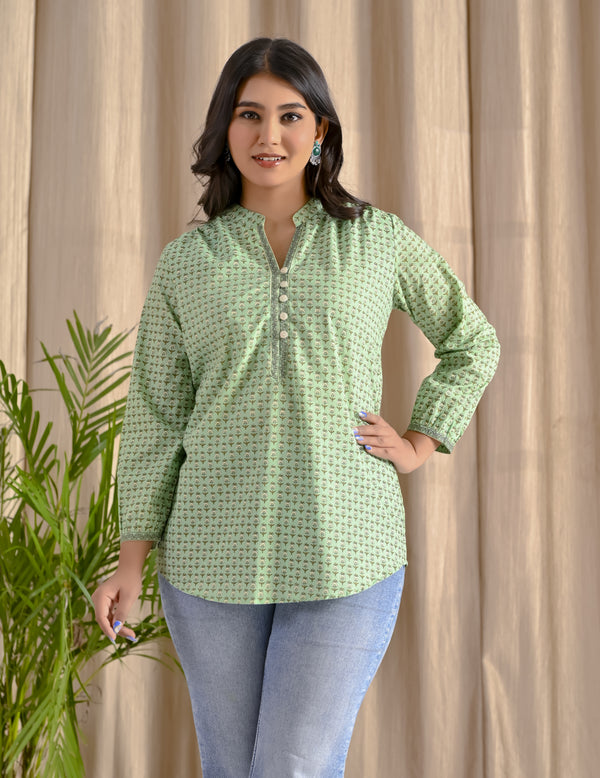 Pastel Green Barik Butti Cotton Top With Front Buttons